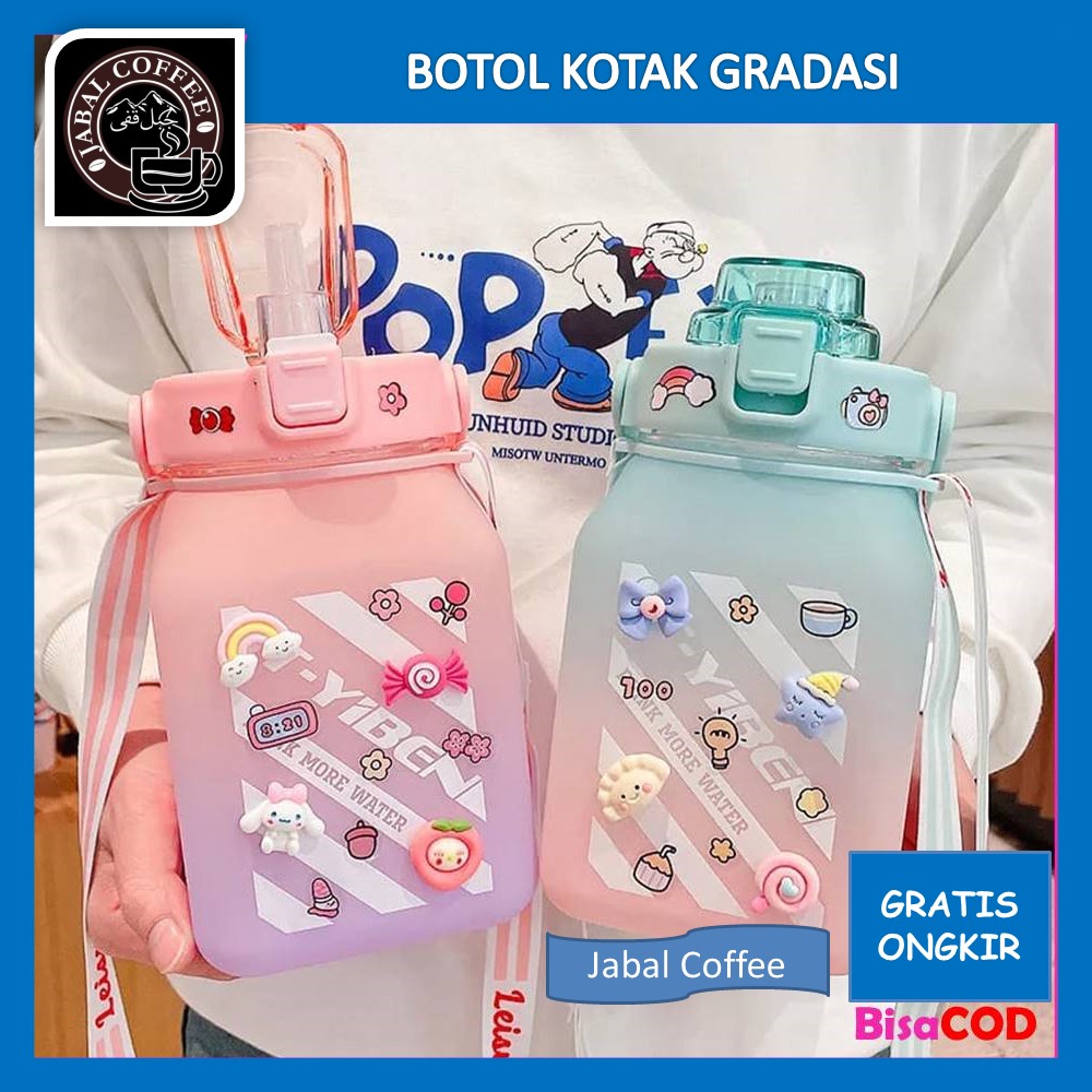 Botol Motivasi Kotak Gradasi Viral 1500 ml Bonus Sticker Lucu / Botol Minum Bonus Stiker 3D Motif Lucu