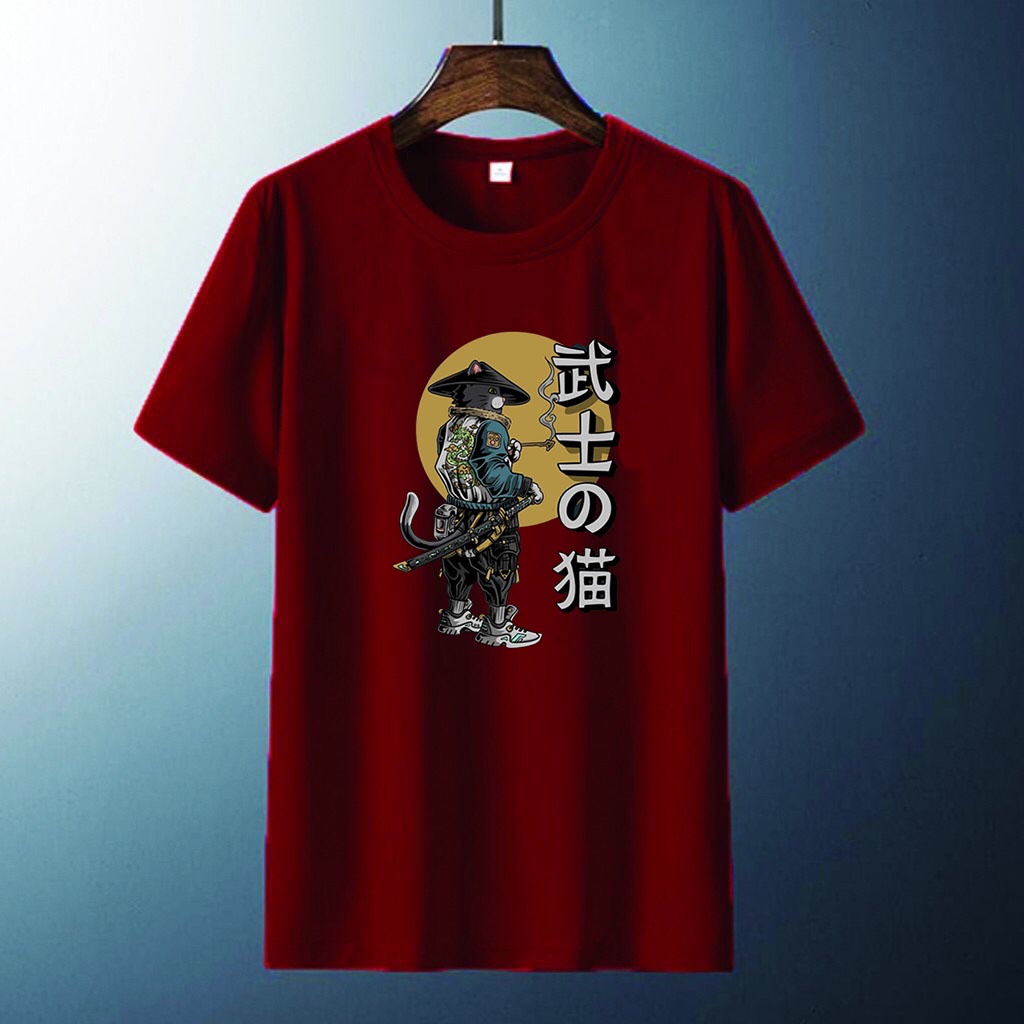 Kaos Distro Pria Gambar Jepang Tulisan Jepang samurai Atasan Pendek T-shirt Pria Dewasa Baju Unisex cowok cewek