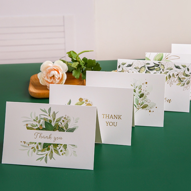 6 Pcs INS Bronzing THANK YOU Greeting Cards with Envelopes Green Leaves Message Cards