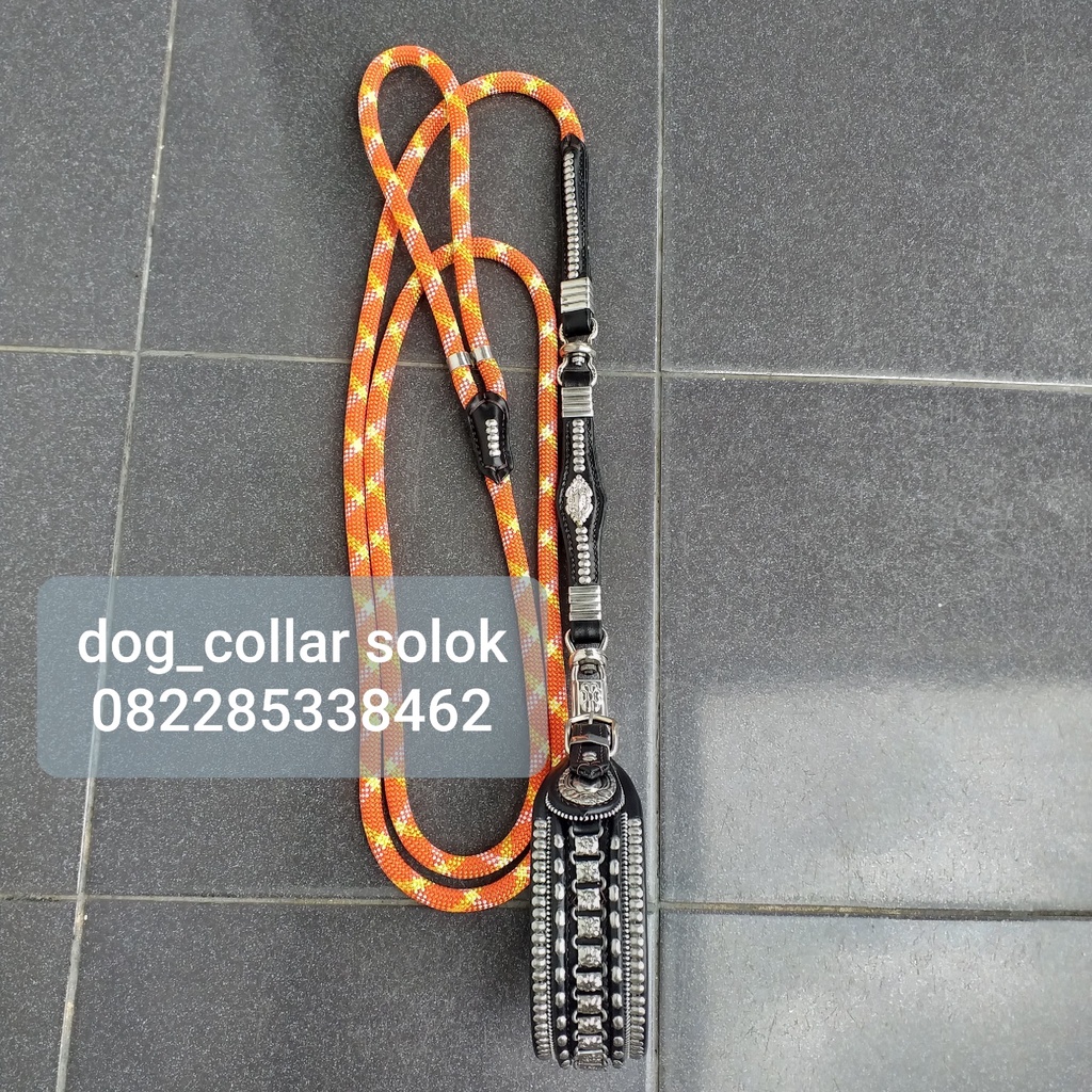 Dog Collar and Leash - Tali Kala Petik Rel Rantai sambung 2 bahan KULIT ASLI - Tali Tuntun Anjing
