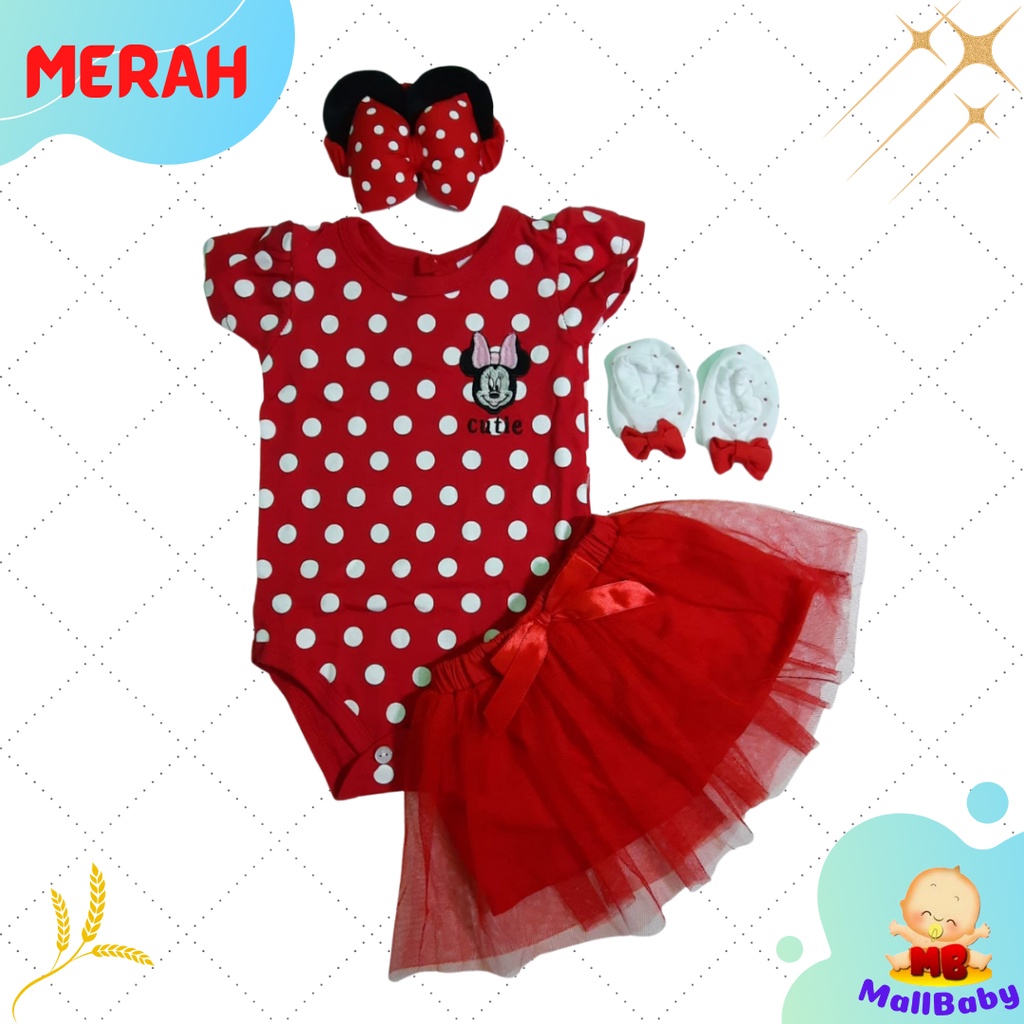 Baju Bayi Perempuan 3 6 9 12 Bulan Setelan Jumper Set Bandana Sepatu Bayi Minnie