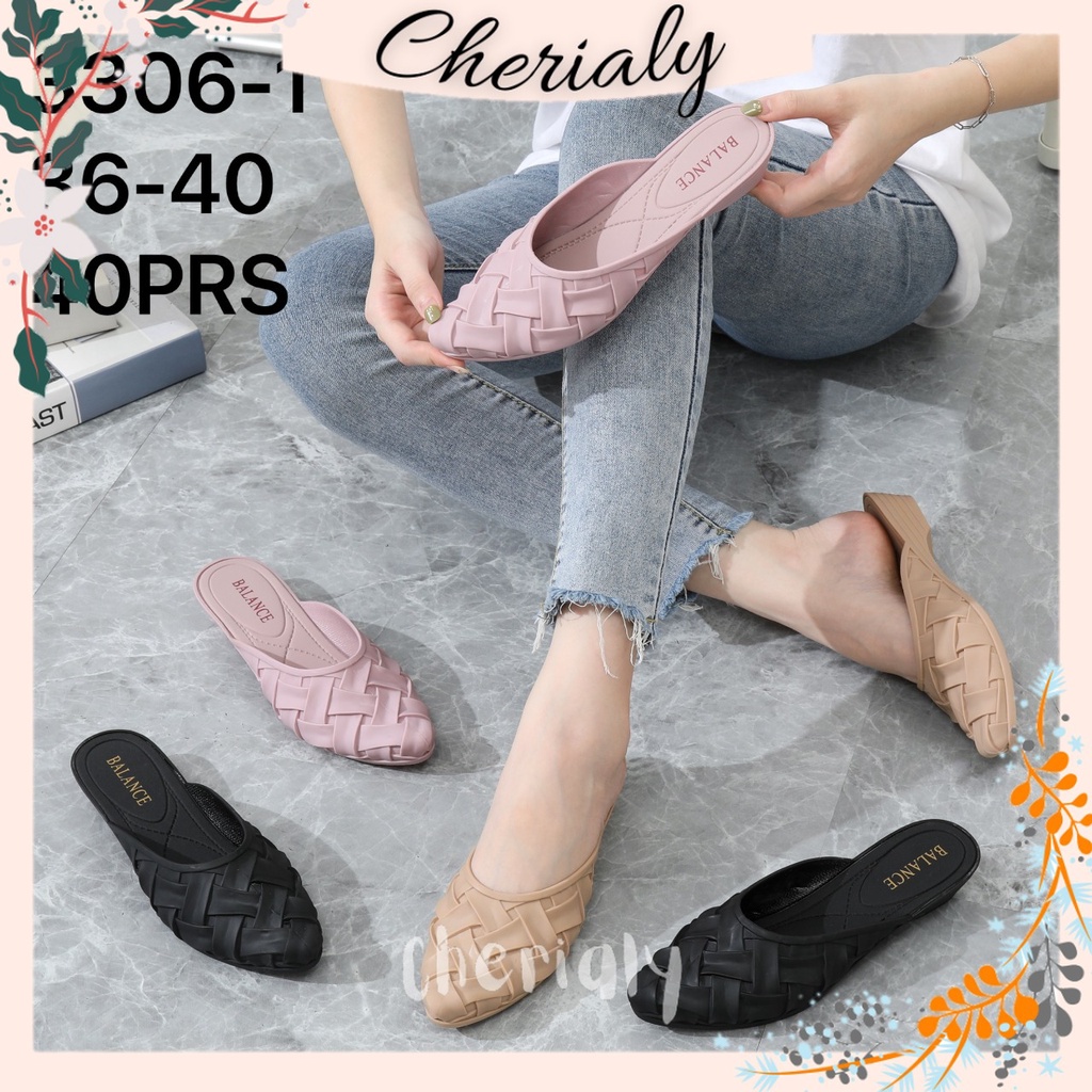 BALANCE Sandal Slop Jelly Wanita Karet Elastis Hak Pendek Empuk Motif Seling 3306-1