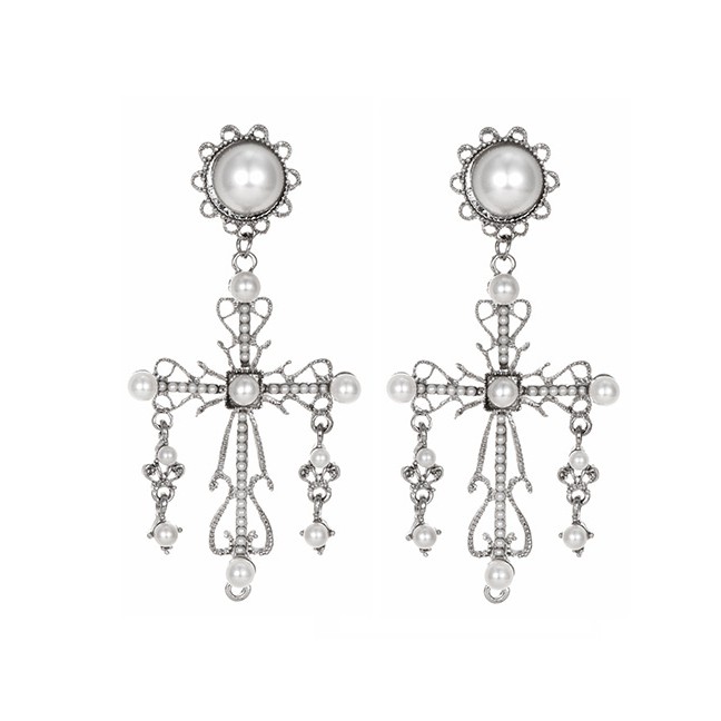 LRC Anting Tusuk Fashion Alloy Pearl Cross Earrings F91346