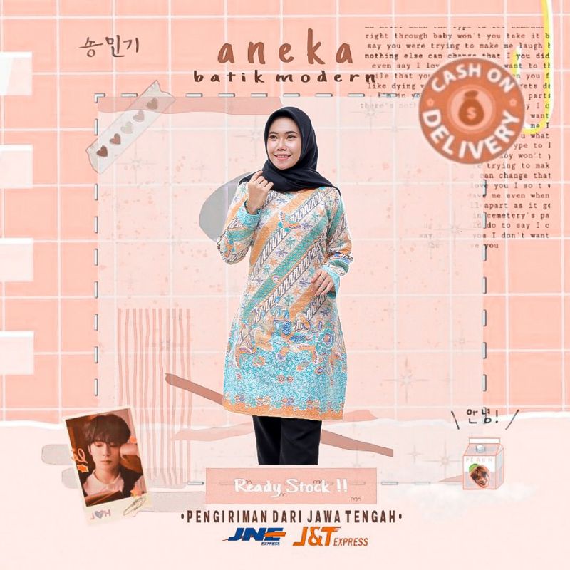 TUNIK BATIK WANITA DRESS BATIK KONDANGAN KERJA KANTOR WARNA SOFT HIJAU MUDA TOSCA ORANGE PEACH