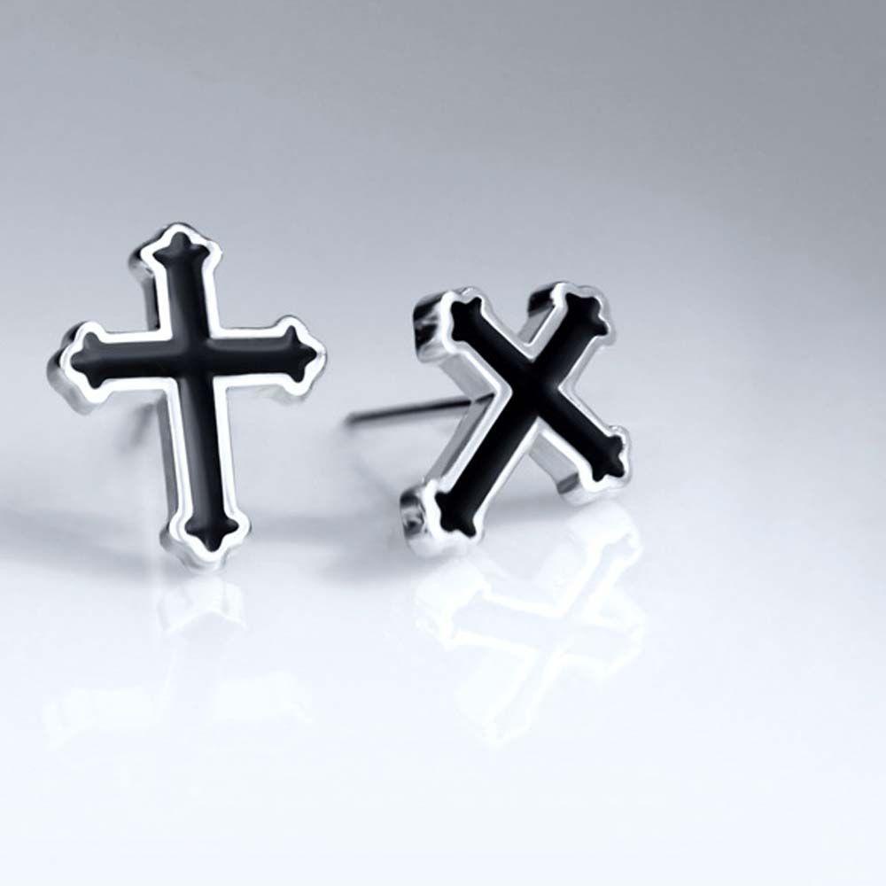 NEEDWAY Cross Ear Studs Keren Vintage Salib Berbentuk Punk Warna Perak Hitam Pria Punk Anting