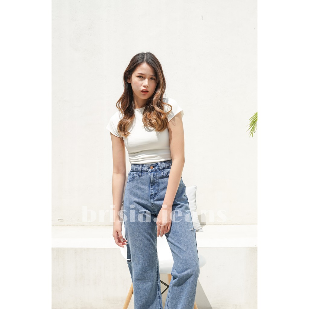 BRISIA JEANS - MIDO Boyfriend Jeans (Cut Side) Highwaist - Snow Blue Size 27-38 / Loose Jeans Ripped