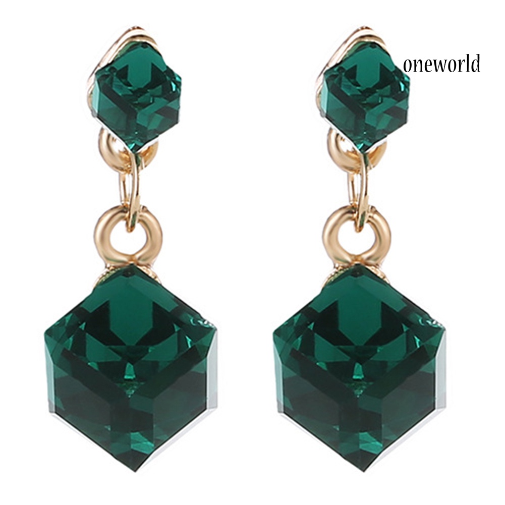 OW@ Women Fashion Geometric Cube Rhinestone Pendant Stud Earrings Party Jewelry