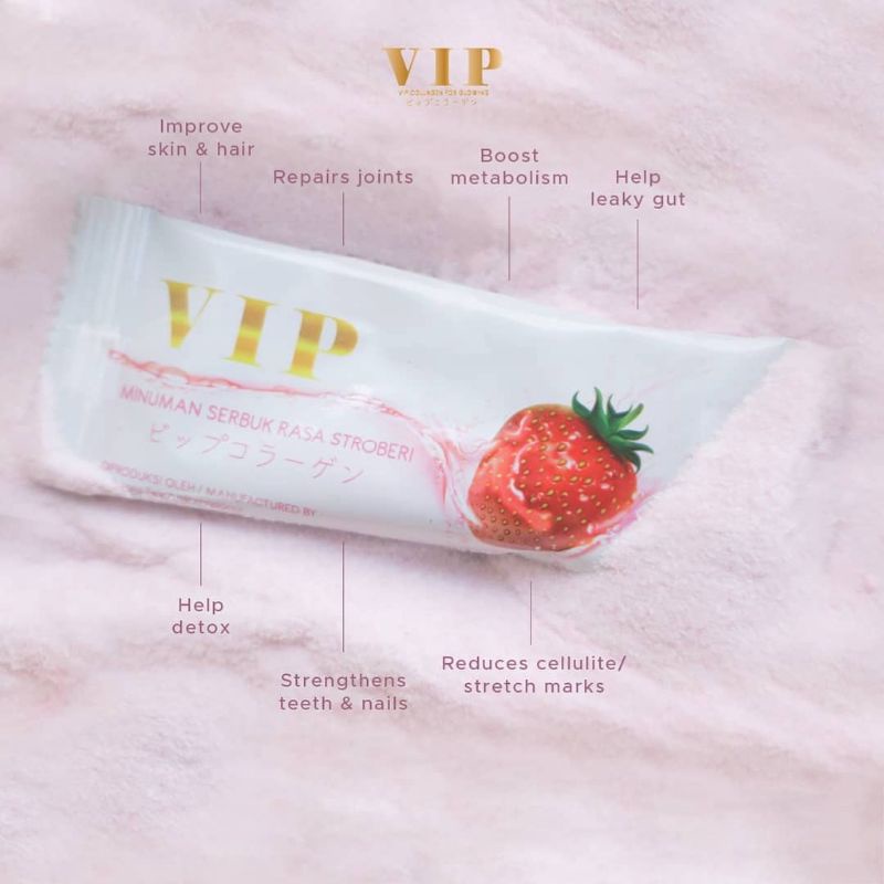 VIP COLLAGEN DRINK MINUMAN SERBUK RASA STRAWBERRY SUPLEMEN KECANTIKAN VIP COLAGEN ORIGINAL BPOM