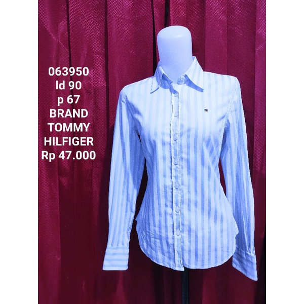 atasan kemeja cewek wanita branded premium preloved tommy hilfiger salur biru putih lengan panjang