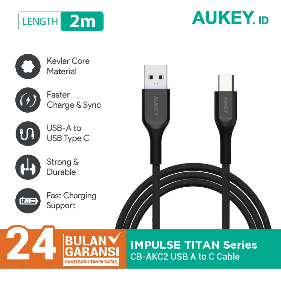 Aukey Cable CB-AKC2 USB A To C QC 2.0 Kevlar Cable 2M Black - 500414
