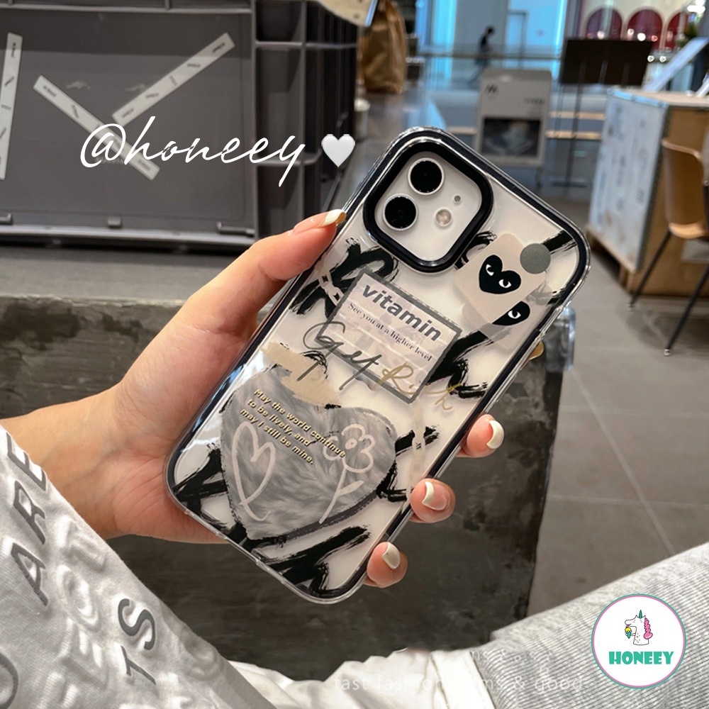 3 In 1 Black Love Heart Clear Phone Case compatible for Phone 14 13 12 11 Pro Max X Xs Max XR 8 7 Plus Trend Brand Dual Frame Soft TPU Back Cover