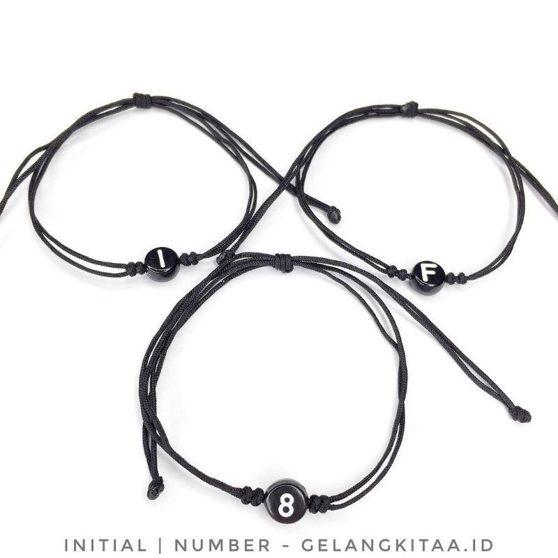 Gelang Tali Hitam Giok Cina Manik Huruf dan Angka Double Slide Core Unisex All Size Tali Tipis Namun Super Kuat