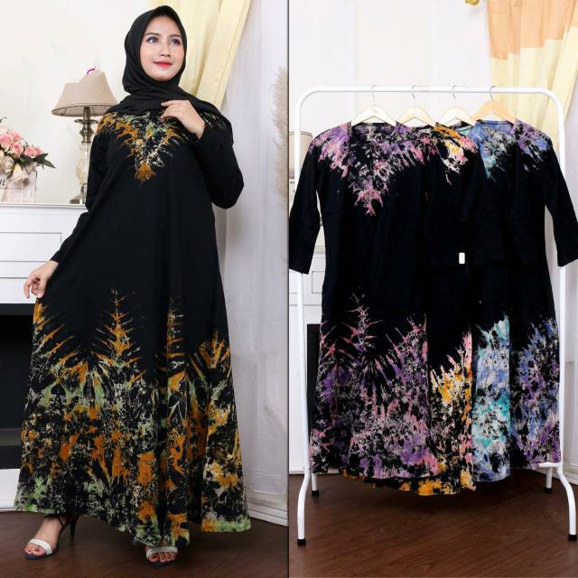 Gamis Bahan Kaos Motif Batik Jumbo Murah Bahan Adem Berkualitas Tydie black