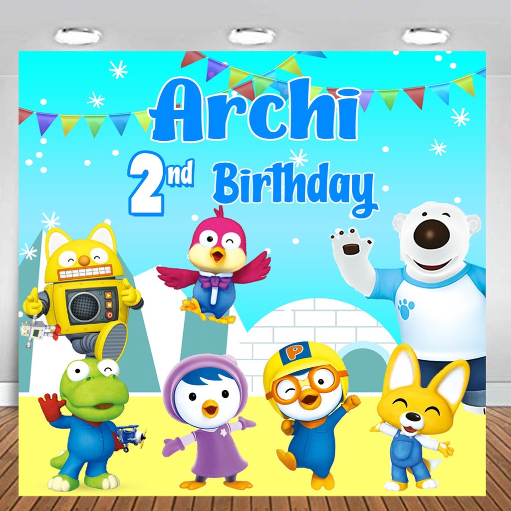 Pororo  Backdrop Birthday / Hiasan Dinding Ulang Tahun / Banner Flexi Spanduk