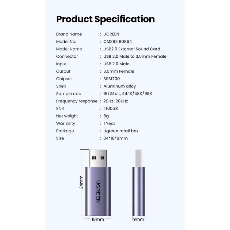 UGREEN Sound card USB A to Jack 3.5mm For Laptop PS &amp; PC Aluminium Alloy