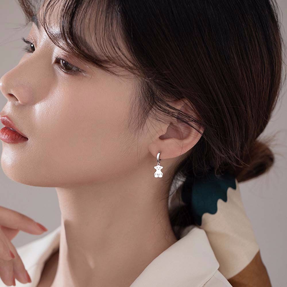 Needway  Girls Ladies Dangle Earrings French Women Earring Hoop Earrings Ear Studs Fashion Jewelry Silver Color Round Metal Small Bear Korean Style/Multicolor