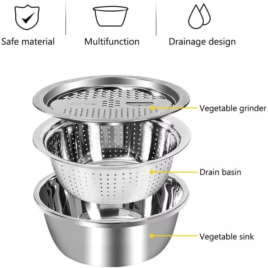 CEV Baskom Stainless 3in1 Parutan / Saringan / Wadah Sayur 26cm