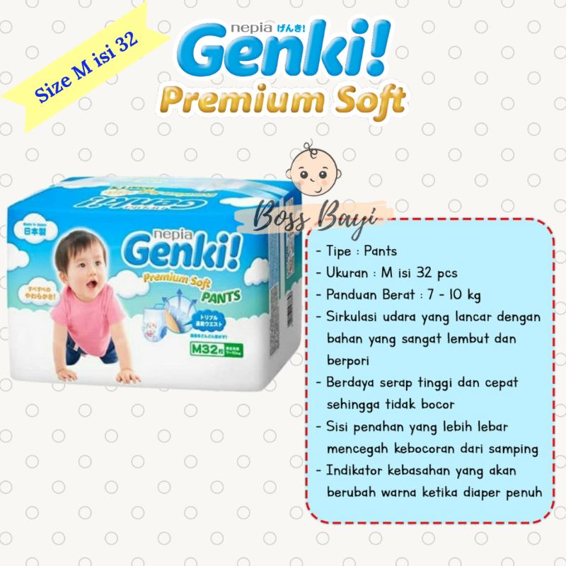 Nepia Genki Premium Soft Pants M32 / L30/ XL26 / Diapers Popok Celana Sekali Pakai Anak