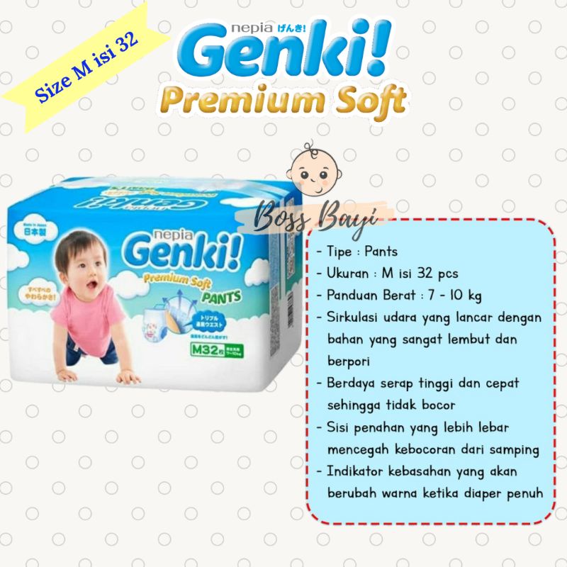 Nepia Genki Premium Soft Pants M32 / L30/ XL26 / Diapers Popok Celana Sekali Pakai Anak
