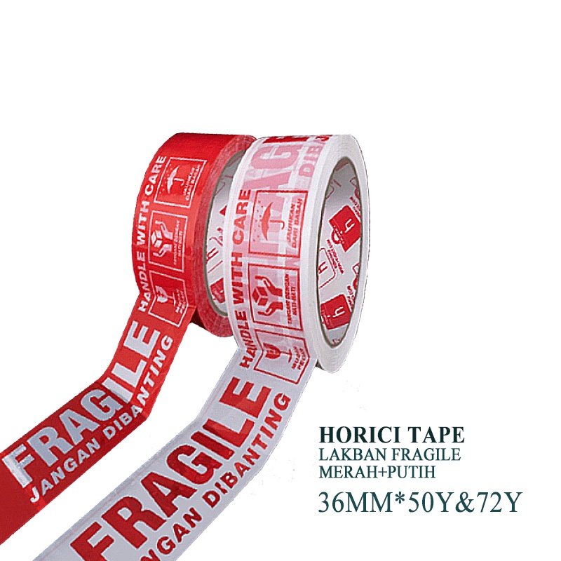 HORICI TAPE 36MMx50Y lakban Fragile Jangan di banting Isolasi Mudah Pecah Belah Aneka varian termurah satuan