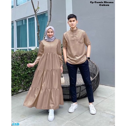 Cp gamis kirana/Baju Couple Terbaru / Baju Gamis Busui dan Kemeja Pria / Baju Muslim Pasangan  Moscrepe Polos