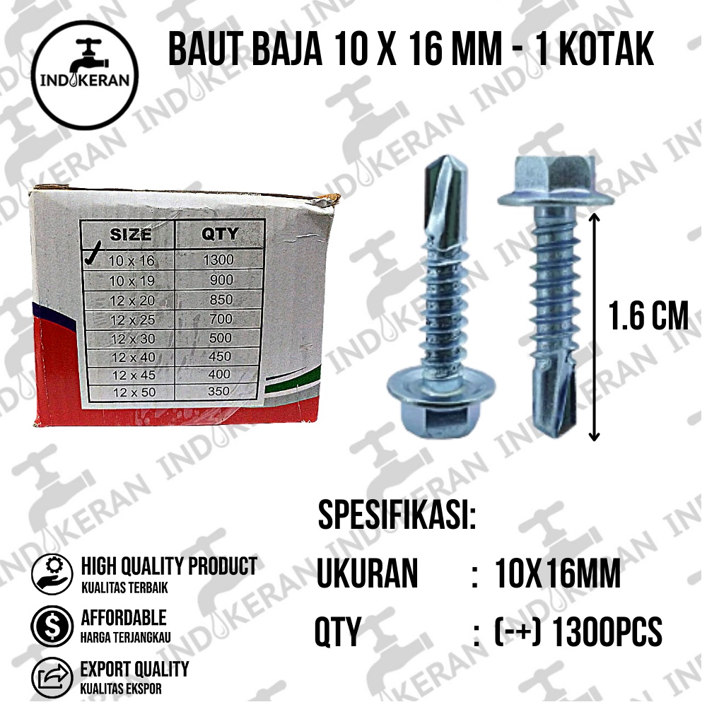 INDOKERAN - Baut Baja Ringan 10 x 16 MM - 1 Dus isi 1300 pcs