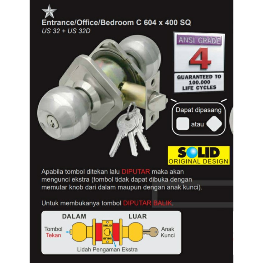 SOLID - KUNCI PINTU BULAT/CYLINDRICAL LOCKSET SOLID C 604 X 400 SQ SUS 304 DENGAN ANAK KUNCI