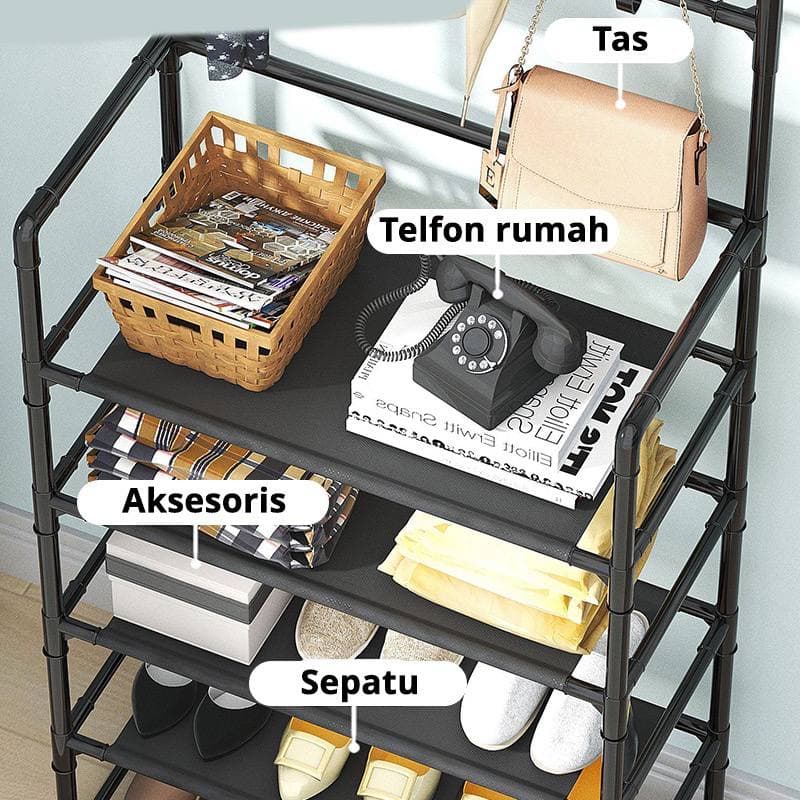 JT - Stand Hanger 5 Susun Baju Topi Jaket Rak Sepatu 5 Susun Multifungsi Gantungan Baju Stand Hanger Rak Sepatu Tempat Topi Tas Serbaguna