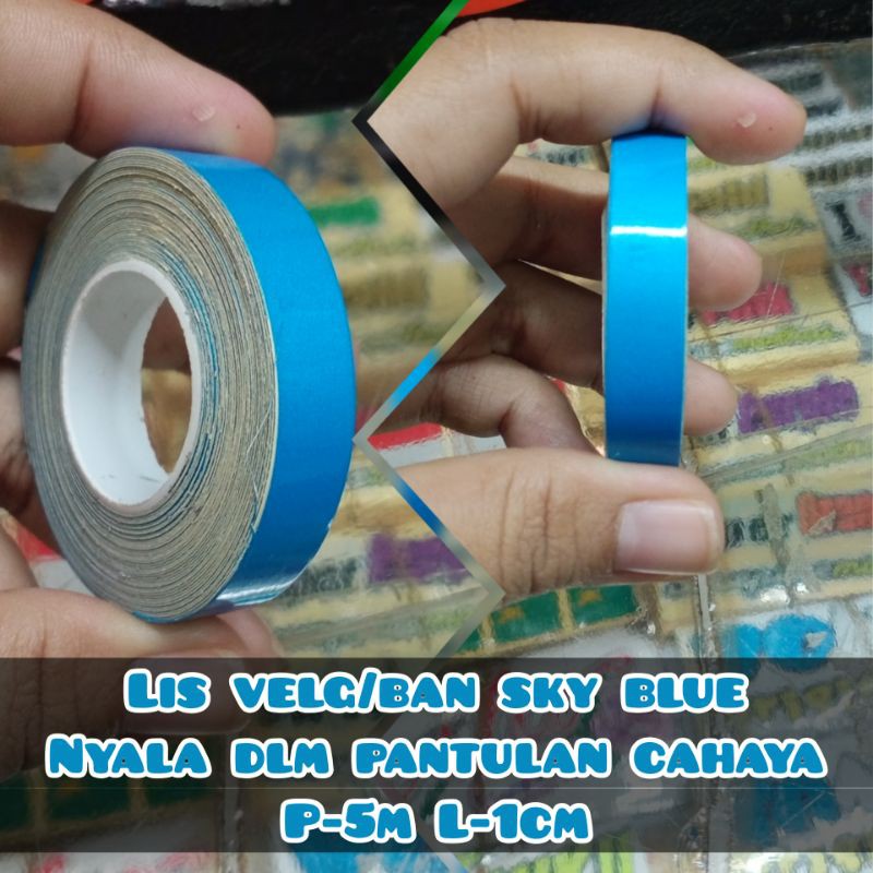 Lis velg skotlight 1cm biru muda kena sinar nyala utk ban/roda motor mobil harga murah