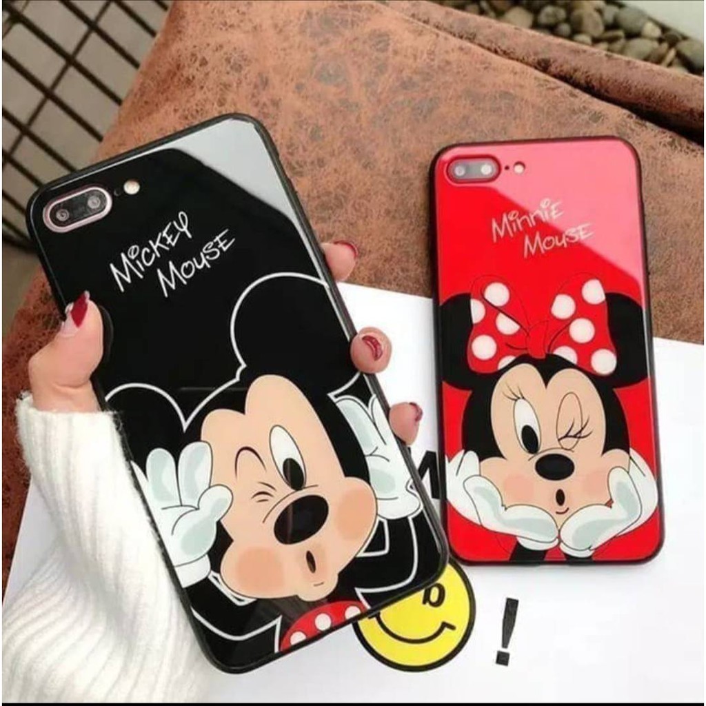 IPHONE 8 , 8+ , X / XS , XR  , XS MAX PREMIUM CASE CASING GLASS MOTIF MICKEY MOUSE
