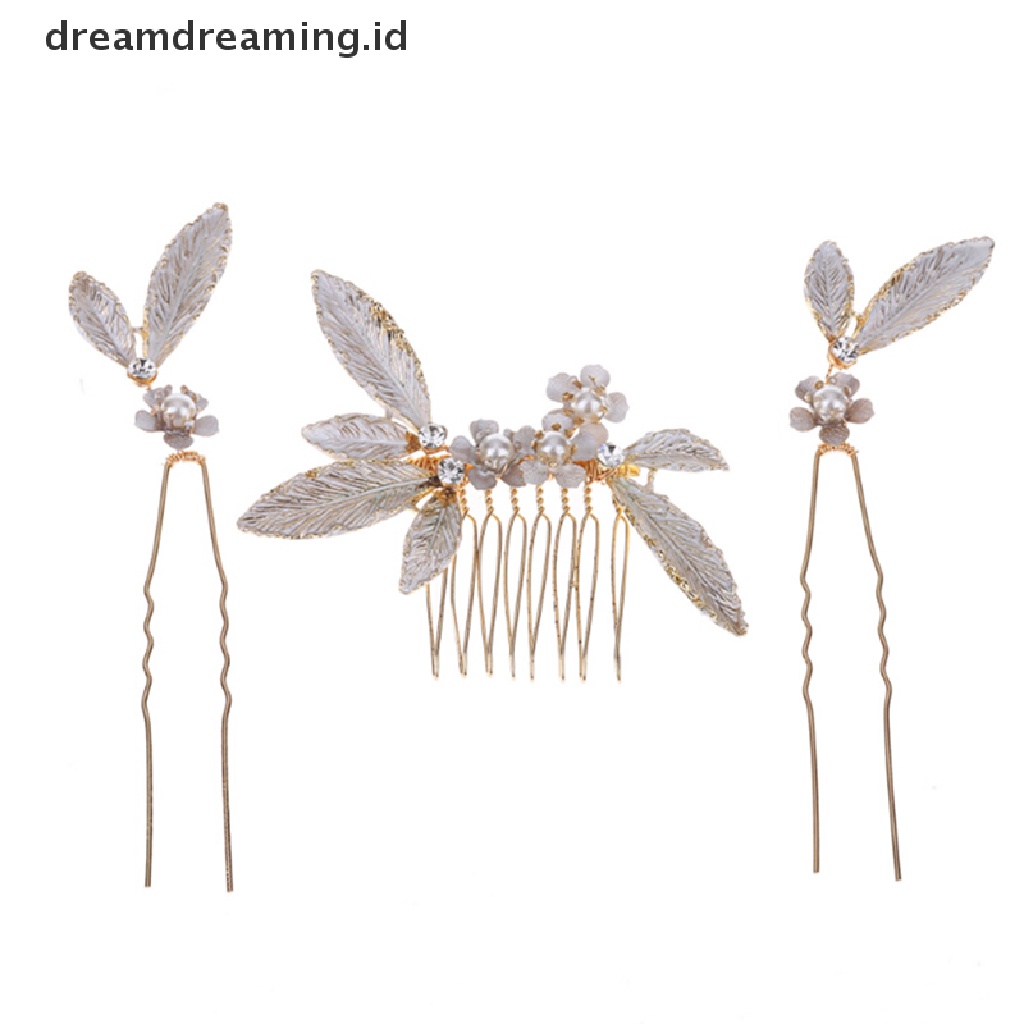 (dreamdreaming.id) 3pcs / Set Sirkam Motif Daun Aksen Mutiara Imitasi Untuk Aksesoris Pengantin Wanita