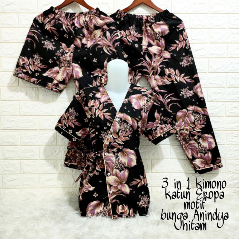 Piyama Kimono 3 in 1 dewasa motif Bunga sakura-Anindya Hitam KMN