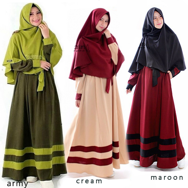 Dress set hijab NS007 Gamis Wanita Leisha Syari Motif Polos Strip Bawah