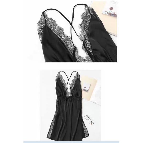 (COD) Sexy Lingerie Wanita Babydoll V-Neck Sexy Bahan Satin Piyama dan G-String A189