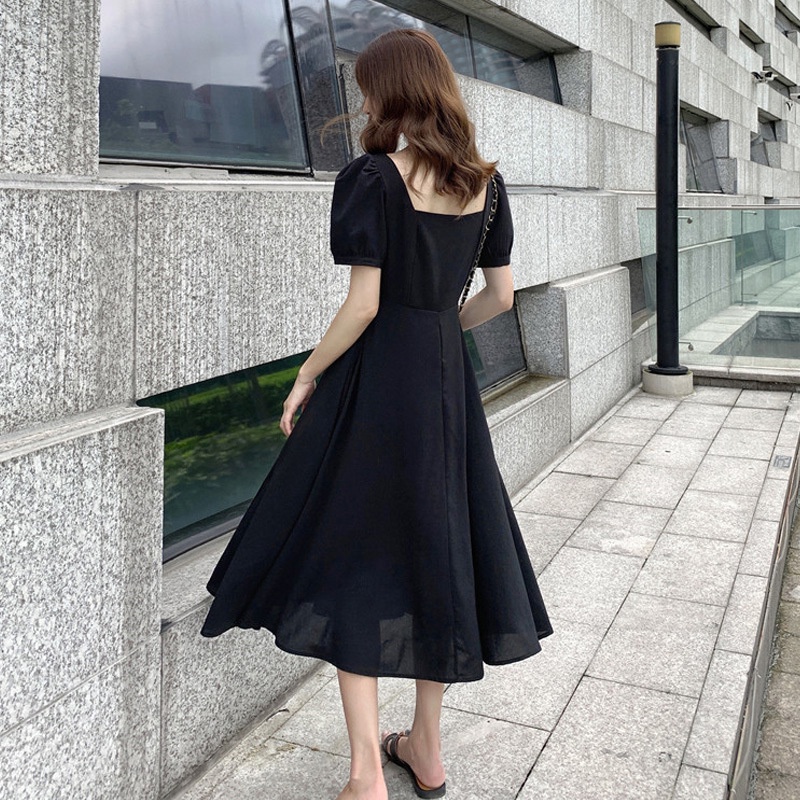 #Sisjuly# Wanita gaun hitam wanita musim panas baru kerah persegi gaya Perancis retro Hepburn temperamen rok p