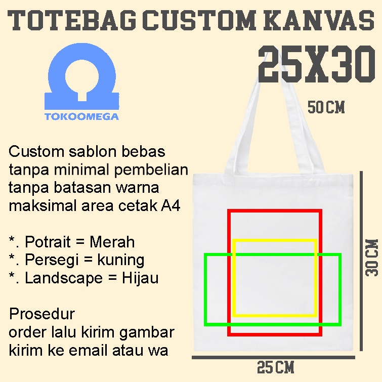 tokoomega Totebag Custom Kanvas Putih Premium 25x30