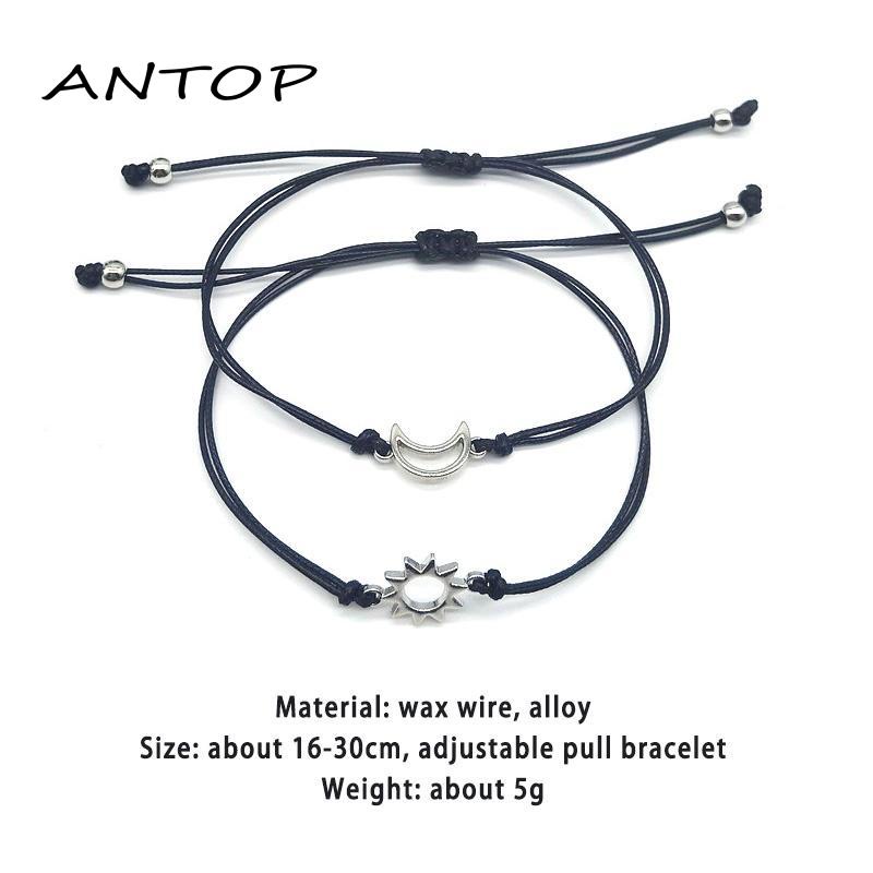 2pcs Gelang Couple Hitam Pasangan Adjustable Bulan Dan Matahari Gelang Persahabatan Tali Lilin Aksesoris Untuk Pria Dan Wanita ANTOP