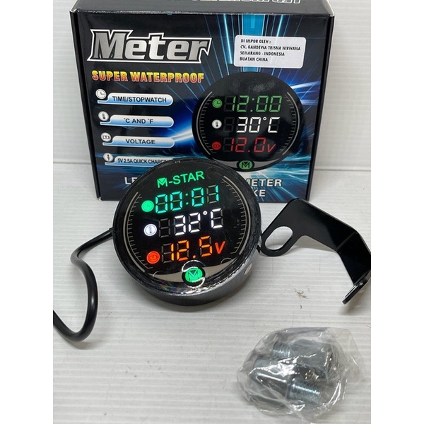 Voltmeter digital bulat 3in1 pengukur suhu jam digital plus breket spion