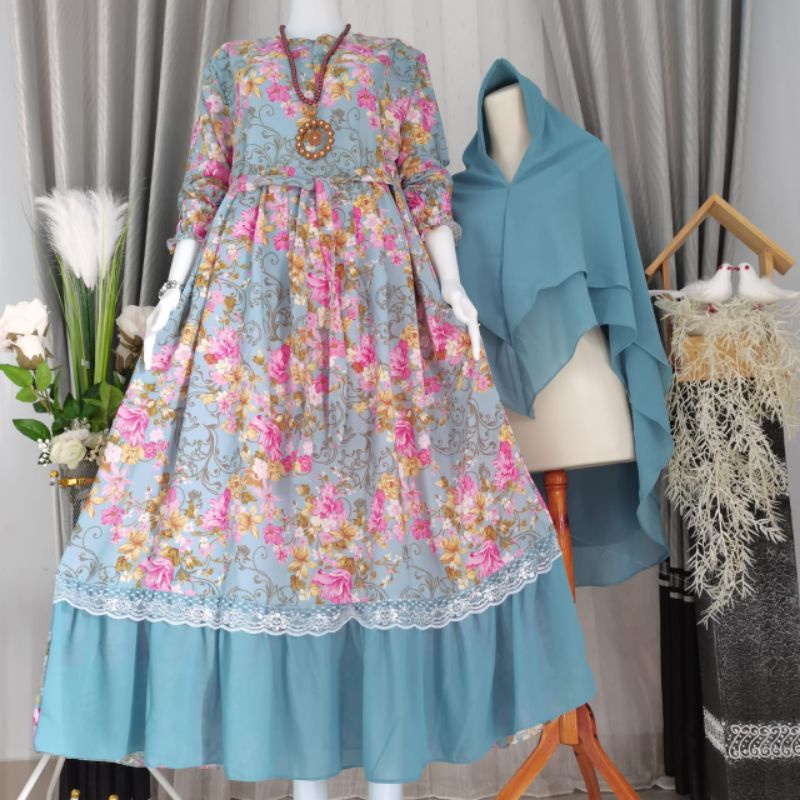 gamis set hijab renda besar motif bunga kecil