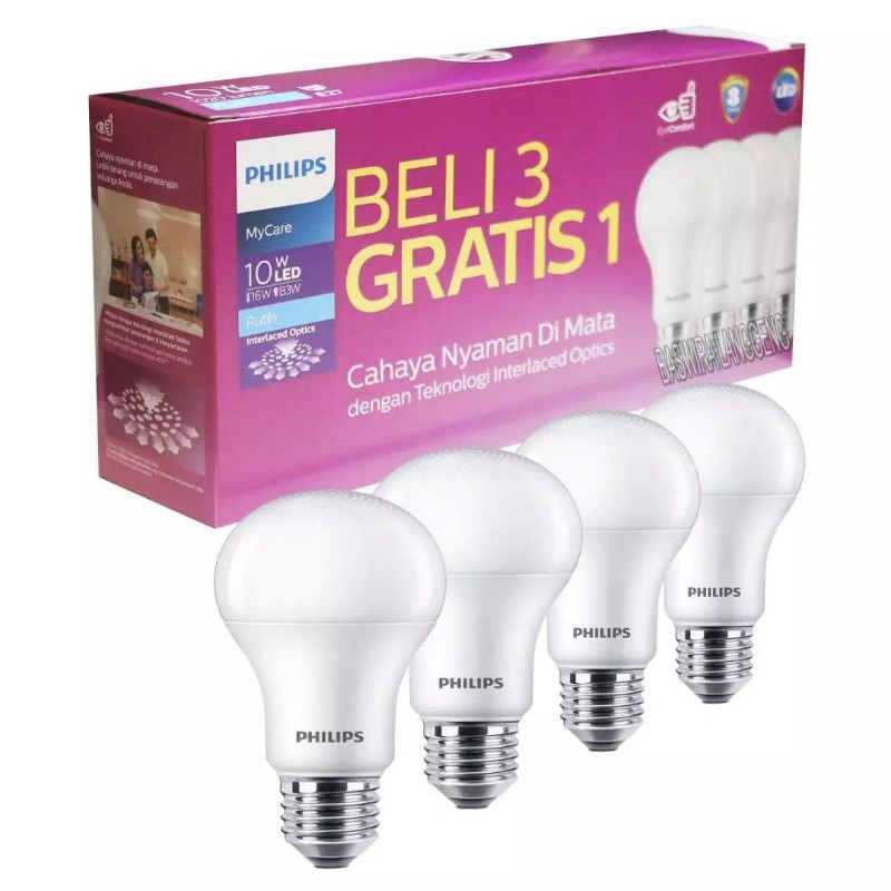 ( PAKET 3 GRATIS 1 ) PHILIPS LAMPU LED MYCARE 8 Watt , 10 Watt , 12 Watt PUTIH Interlaced Optik