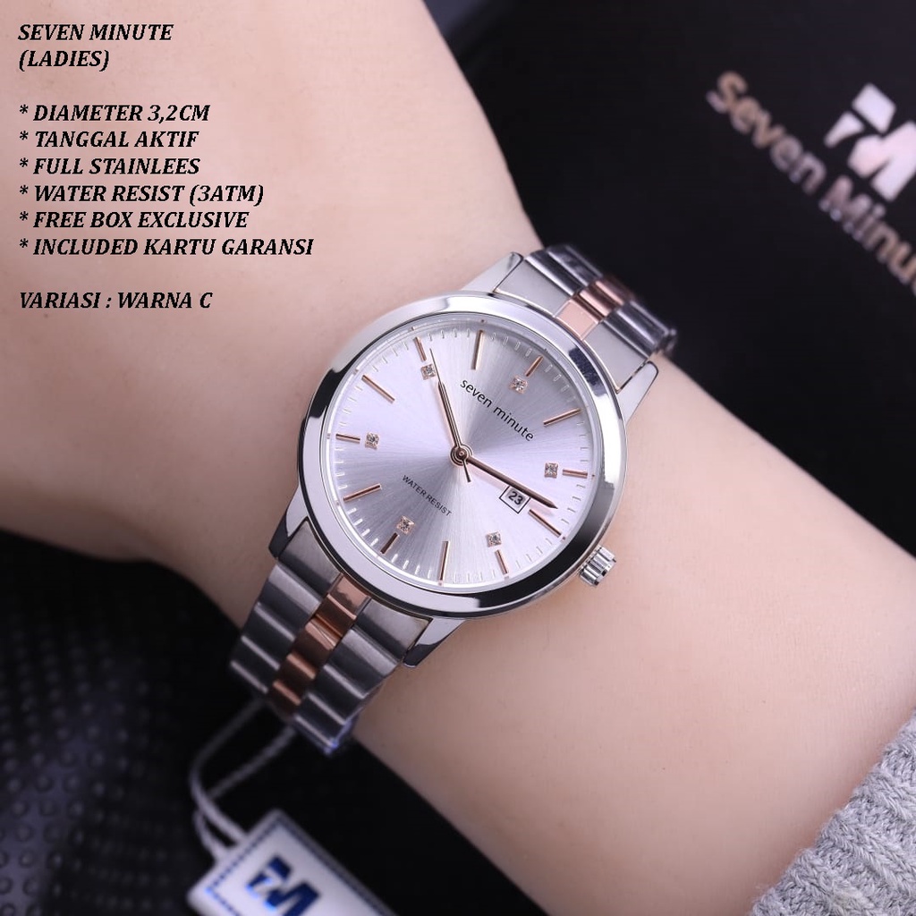 (FREE BOX) JAM TANGAN SEVEN MINUTE SM-009 WANITA FASHION RANTAI BODY BULAT TANGGAL AKTIF