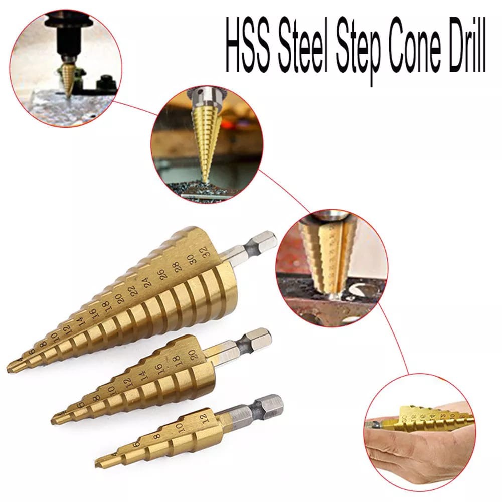 Mata Bor Pagoda Spiral Besi Kuningan Kayu Plastik Step Drill Tingkat Payung Cone HSS 3PCS