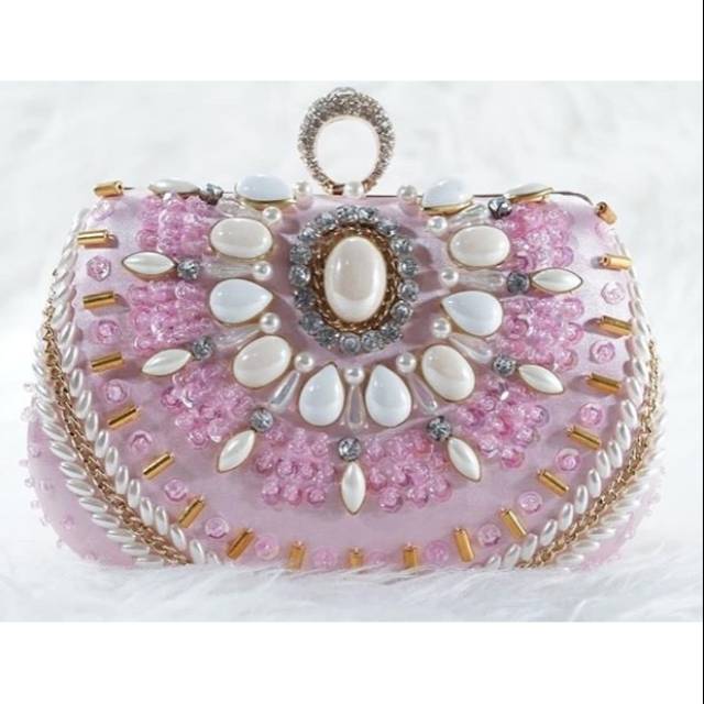 clutch pink gamestone pearl diamond tas pesta kecil besar rantai sling bag tusuk konde hair wedding