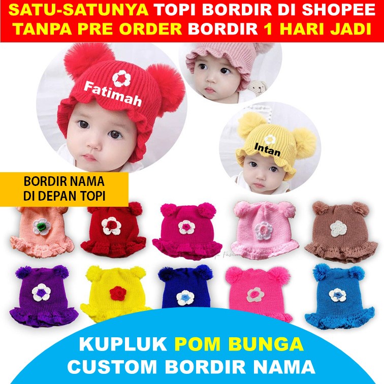 Kupluk Pom Bayi pom Bunga Bayi 0-2 Tahun Gratis Bordir Nama 1 Hari Jadi Pom