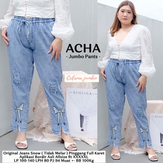 Celana Jumbo Wanita Big Size XXL Bahan Jeans variasi Bordir Pita Acha Pants