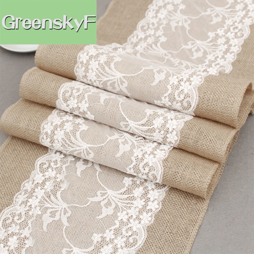 HOT Flower Lace Natural Burlap Jute Hessian Table Runners Rustic