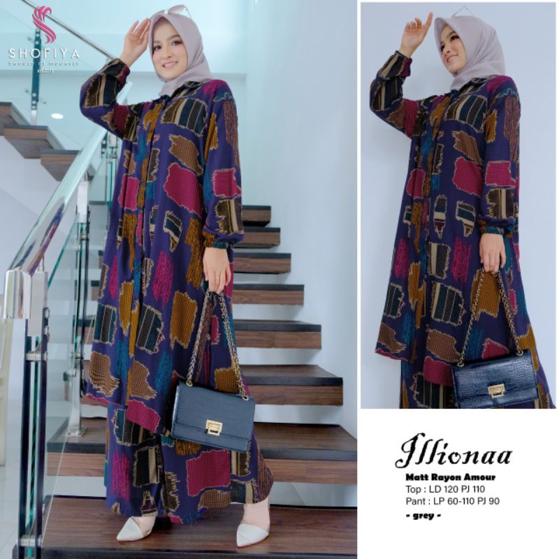 SET TUNIK PANJANG + KULOT RAYON AMOUR MOTIF KOTAK ABSTRAK SUPER CANTIK ILLIONAA BY SHOFIYA