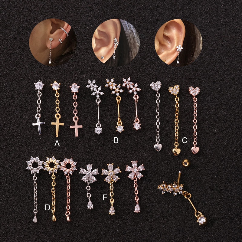 1 Pc Anting Panjang Menjuntai Bentuk Bunga Hati Salib Bahan Stainless Steel Untuk Wanita