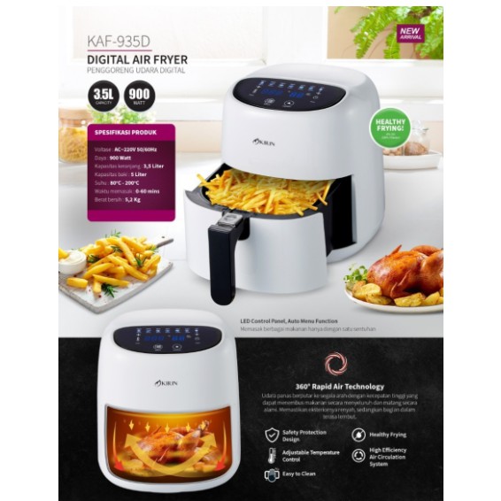 Air Fryer Digital Kirin 3.5 Liter KAF-935D 900W Digifry 3.5L KAF935D