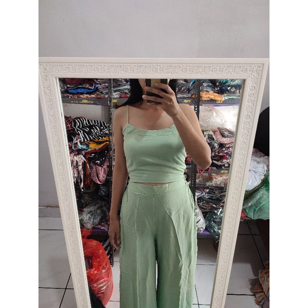 ONE SET KULOT PATTERN // SETELAN TANKTOP FLOWERY-Mint polos